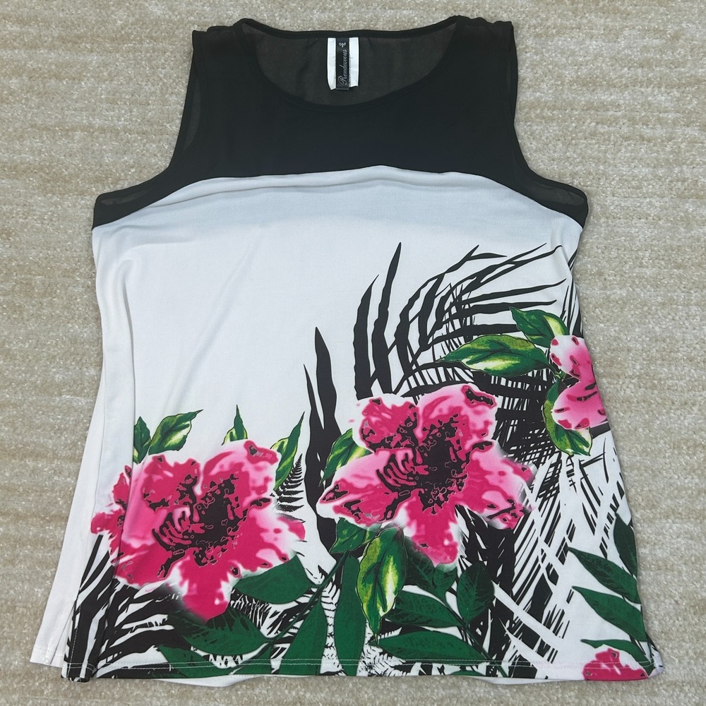 Rendezvous Womens Floral Mesh Yoke Sleeveless Top White Black Pink Medium